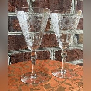 Vintage, Senaca Cut 250 Floral and Dot Patterned Stemware, 1940-1960, Pair (2)
